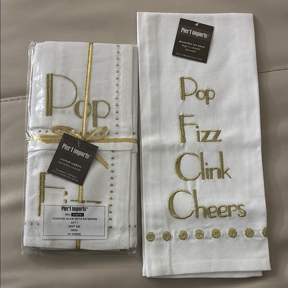 Pier 1 Tea Towel and Gold Cocktail Napkins Pop Fizz Clink Cheers